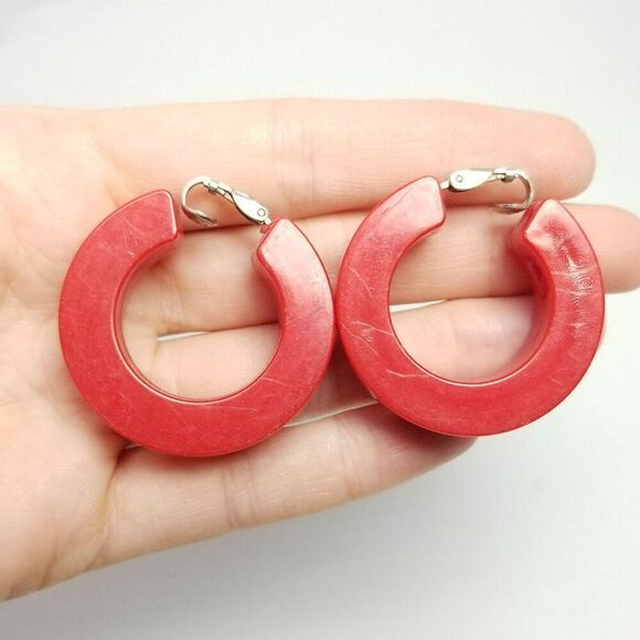 Vintage Wide Red Plastic Clip On Hoop Earrings, 60s 70s Style, Estate - Picture 2 of 5